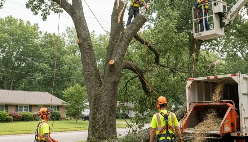Fort Worth, TX arborists removing storm-damaged tree for emergency tree service