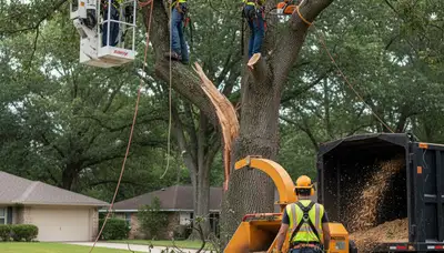 Fort Worth, TX arborists removing storm-damaged tree for emergency tree service