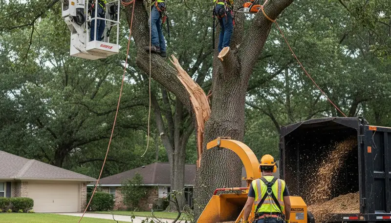 Fort Worth, TX arborists removing storm-damaged tree for emergency tree service