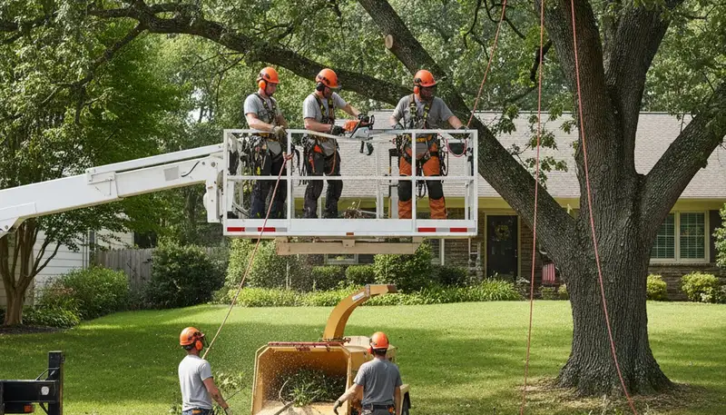 Fort Worth tree removal crew safely removing a hazardous tree from a residential property