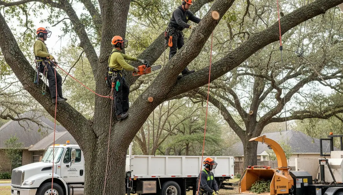 Fort Worth, TX tree removal crew safely removing a hazardous tree from a residential property
