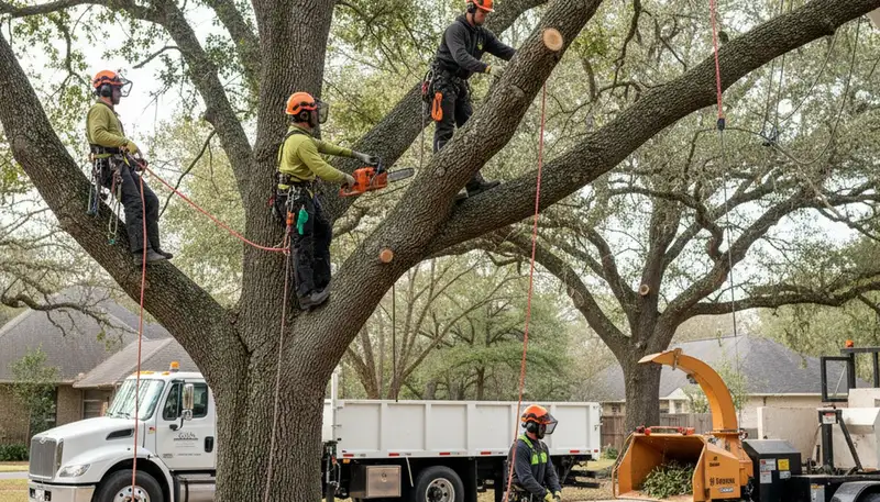 Fort Worth, TX tree removal crew safely removing a hazardous tree from a residential property