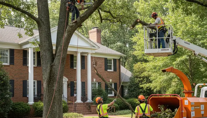 Fort Worth, TX tree service crew trimming trees for residential property maintenance