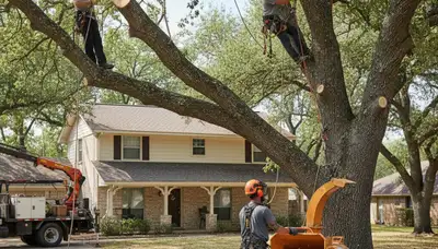 Fort Worth, TX tree service crew trimming trees for safe, professional property maintenance