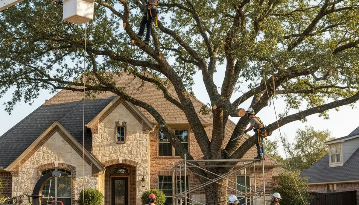 Tree service crew trimming trees in Fort Worth, TX for safe, professional care
