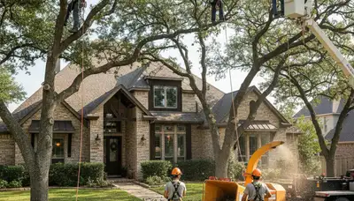 Tree service crew trimming trees in Fort Worth, TX, for safe, professional property care