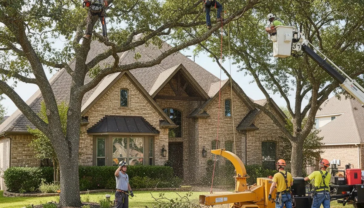 Fort Worth, TX tree service crew trimming trees for safe, professional residential care