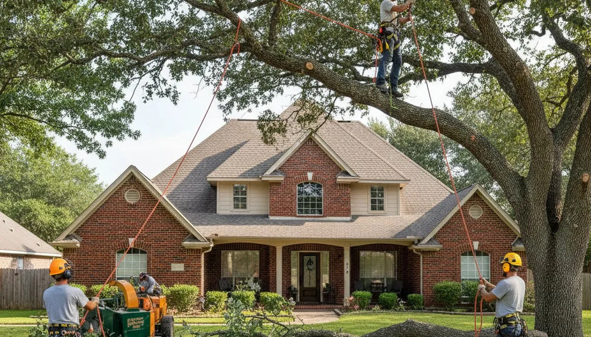 Tree service crew trimming trees in Fort Worth, TX for safe, professional residential care