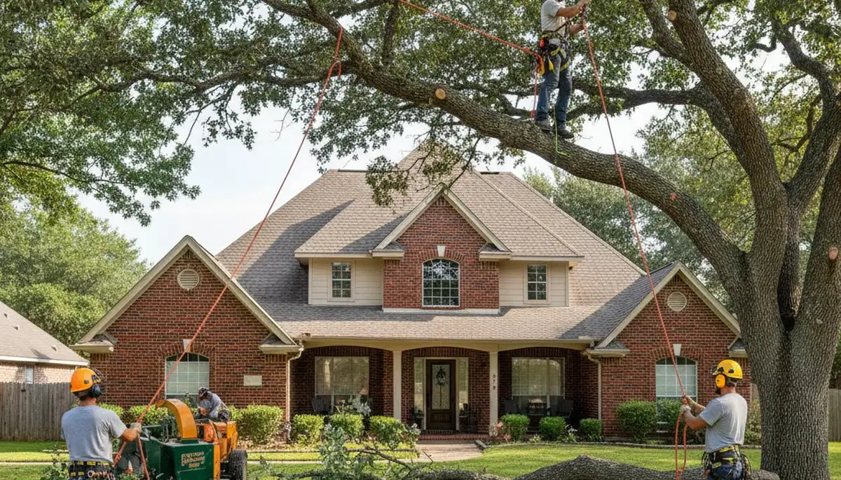 Tree service crew trimming trees in Fort Worth, TX for safe, professional residential care
