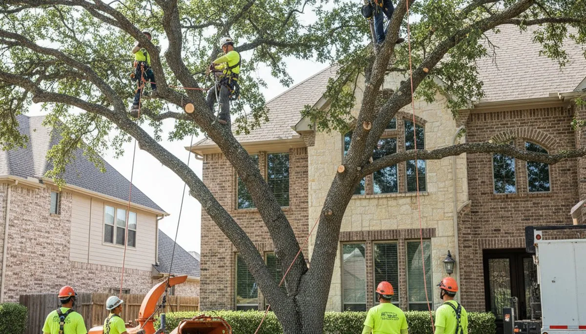 Fort Worth TX tree service crew trimming a tree for residential property maintenance