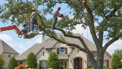 Fort Worth, TX tree service crew trimming trees for a residential property