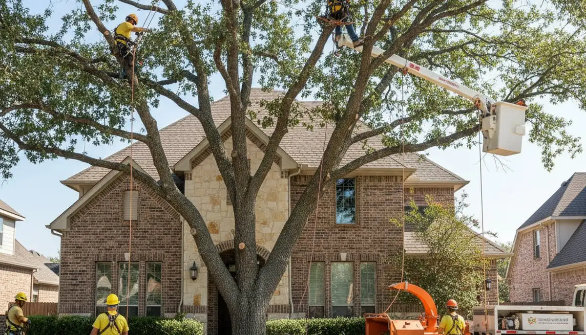 Tree service crew in Fort Worth, TX trimming trees for safe, professional property care