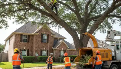 Fort Worth, TX tree service crew trimming trees for residential and commercial properties