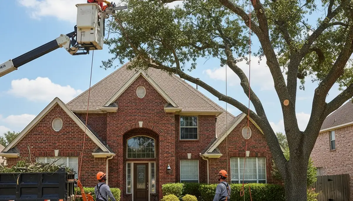 Tree service crew trimming trees in Fort Worth, TX, for safe and professional property care