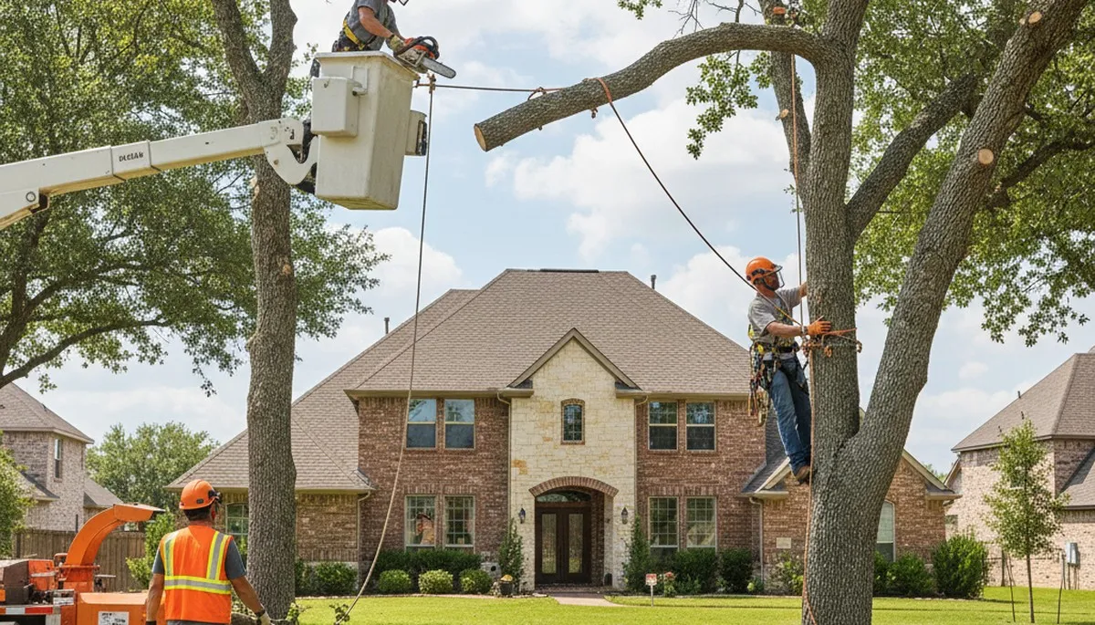 Fort Worth, TX tree service crew trimming trees for residential property safety and curb appeal
