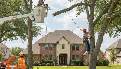 Fort Worth, TX tree service crew trimming trees for residential property safety and curb appeal