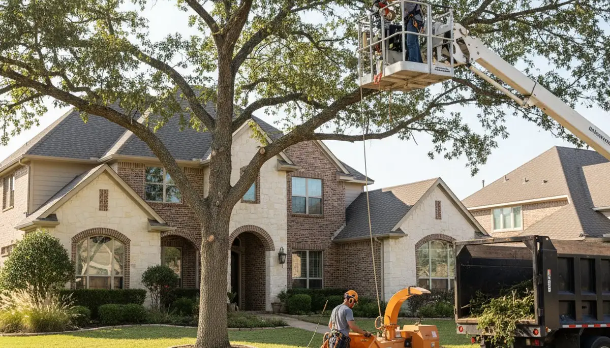 Fort Worth TX tree service crew trimming trees for residential and commercial properties