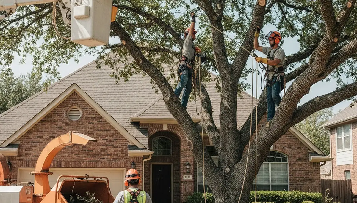 Tree service crew trimming trees in Fort Worth, TX for safe, professional property care