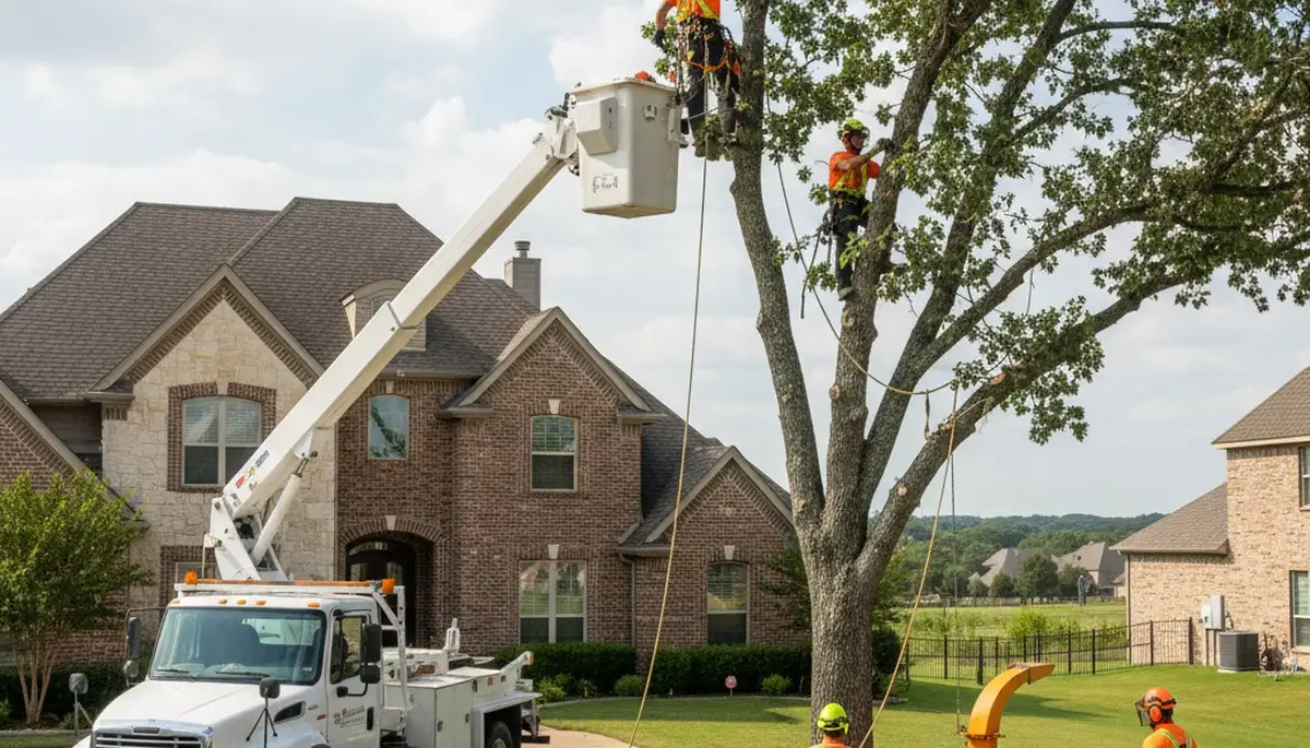 Tree service crew trimming trees in Fort Worth, TX for safe, professional property maintenance