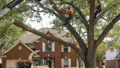 Tree service crew in Fort Worth, TX trimming trees for safe, professional property care