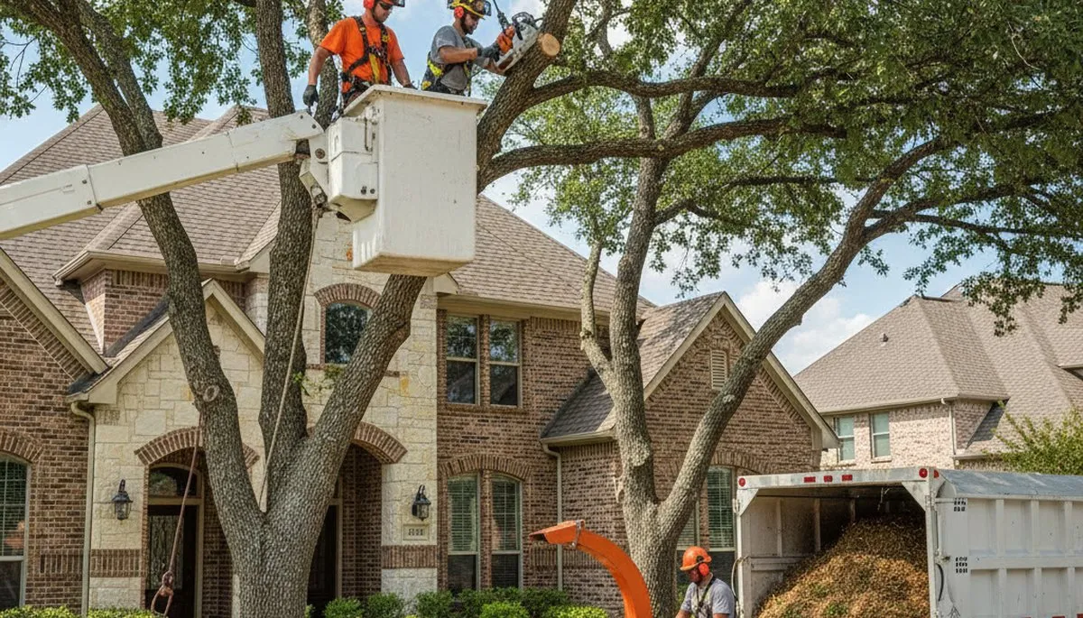 Tree service crew trimming a tree in Fort Worth, TX for safe, professional tree care