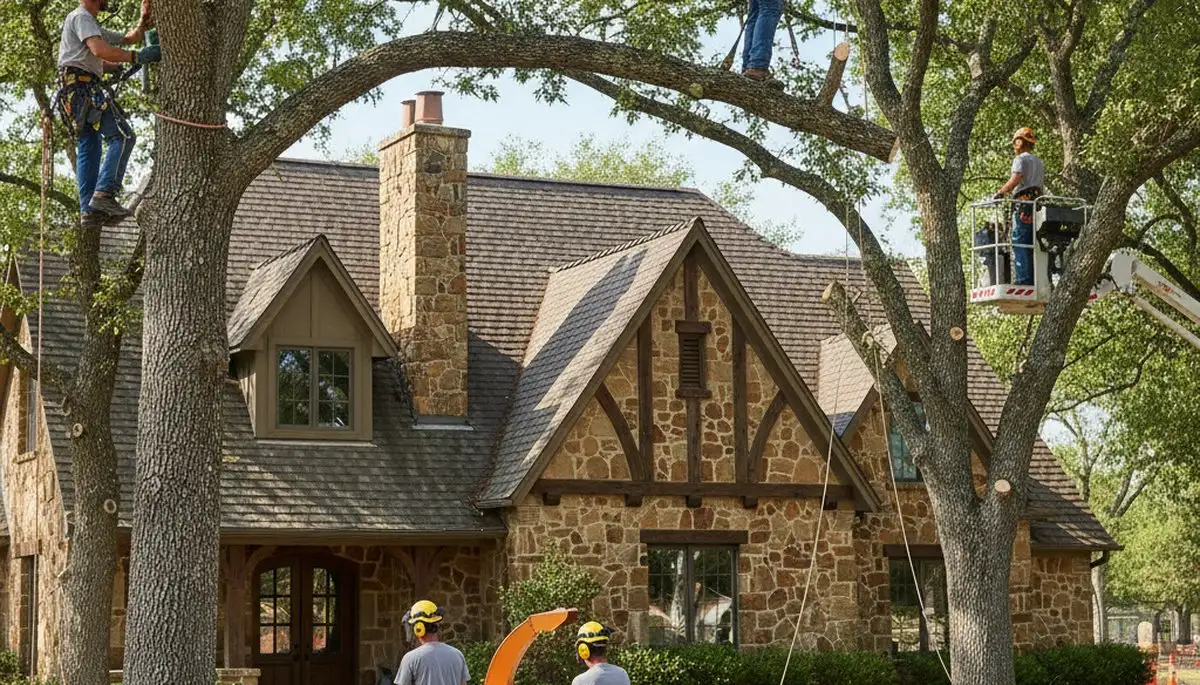Tree service crew in Fort Worth, TX performing professional tree trimming on a residential property
