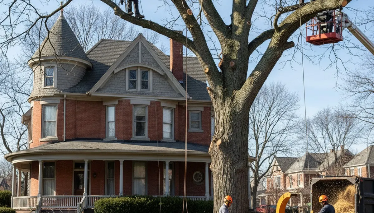 Fort Worth, TX tree service crew trimming trees for residential property maintenance
