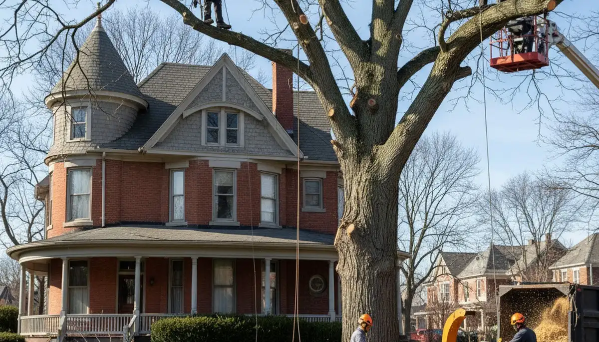 Fort Worth, TX tree service crew trimming trees for residential property maintenance