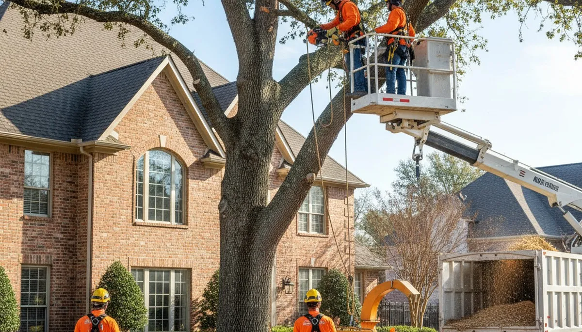 Tree service crew trimming a tree in Fort Worth, TX for safe, professional yard maintenance