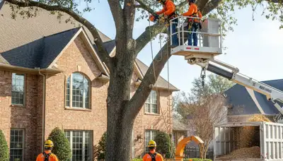 Tree service crew trimming a tree in Fort Worth, TX for safe, professional yard maintenance