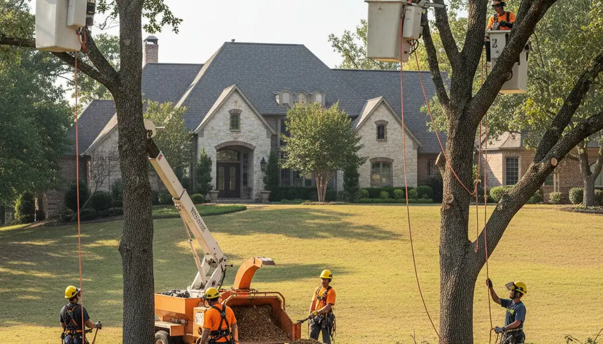 Fort Worth TX tree service crew trimming trees for safe, professional property maintenance