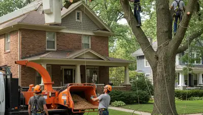 Tree service crew trimming tree branches in Fort Worth, TX for safe residential property maintenance