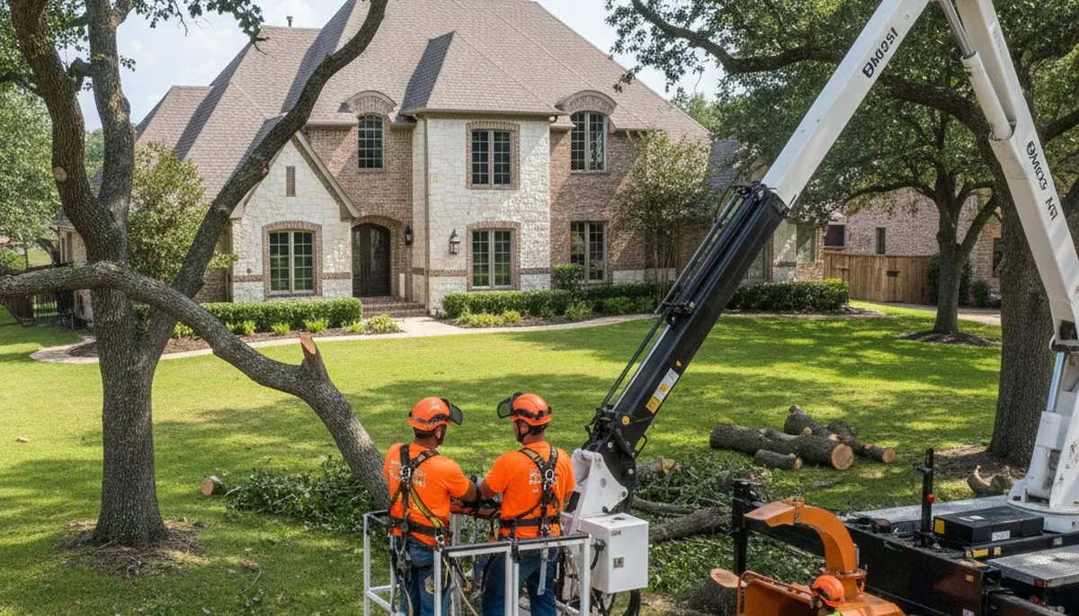 Fort Worth, TX tree service crew trimming trees for residential property safety and upkeep