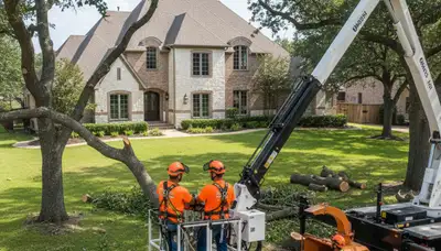 Fort Worth, TX tree service crew trimming trees for residential property safety and upkeep