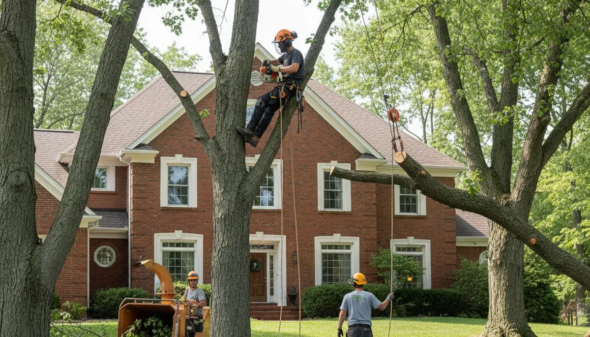 Fort Worth, TX tree service crew trimming trees for residential property maintenance