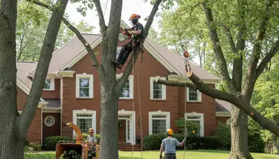 Fort Worth, TX tree service crew trimming trees for residential property maintenance