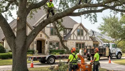 Tree service crew trimming trees in Fort Worth, TX for safe, professional property maintenance