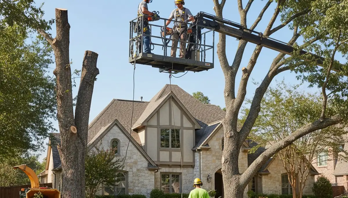 Fort Worth, TX tree service crew trimming trees for residential property maintenance