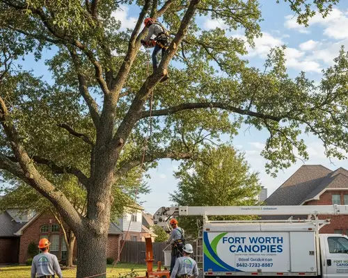 Tree trimming services for Fort Worth, TX canopies on a tree service homepage widget
